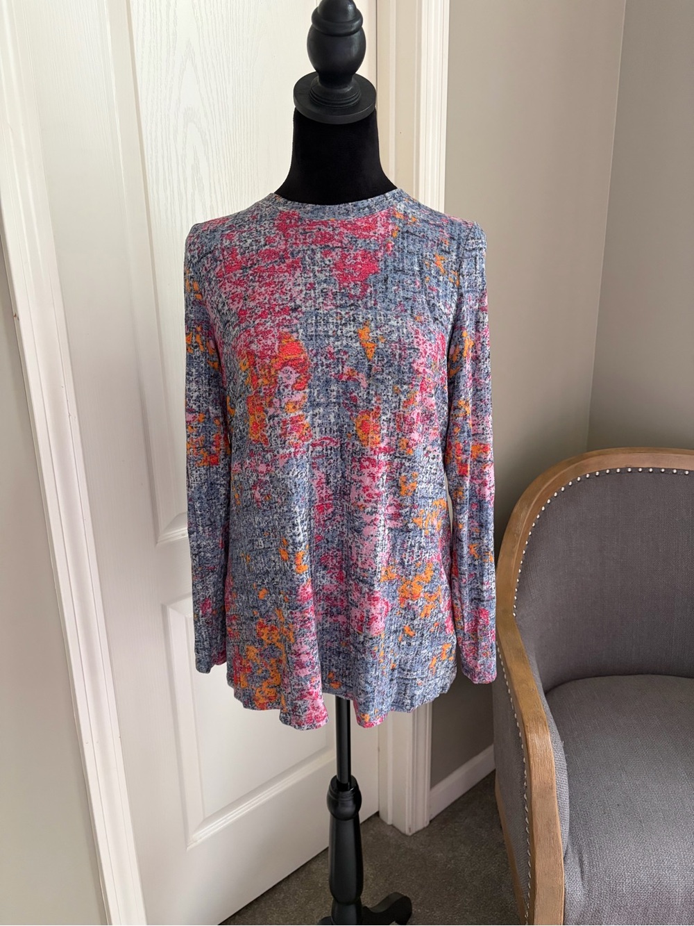 NIC+ZOE Multicolor Abstract Crewneck Long-Sleeve Top - Pink, Orange, Blue-Gray